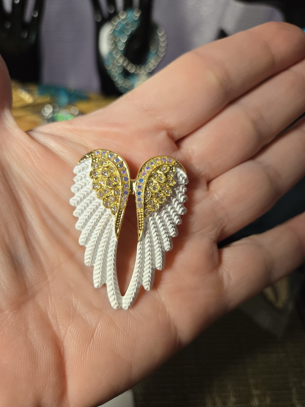 Gold and White Angel Wing Brooch with Yellow Crystals